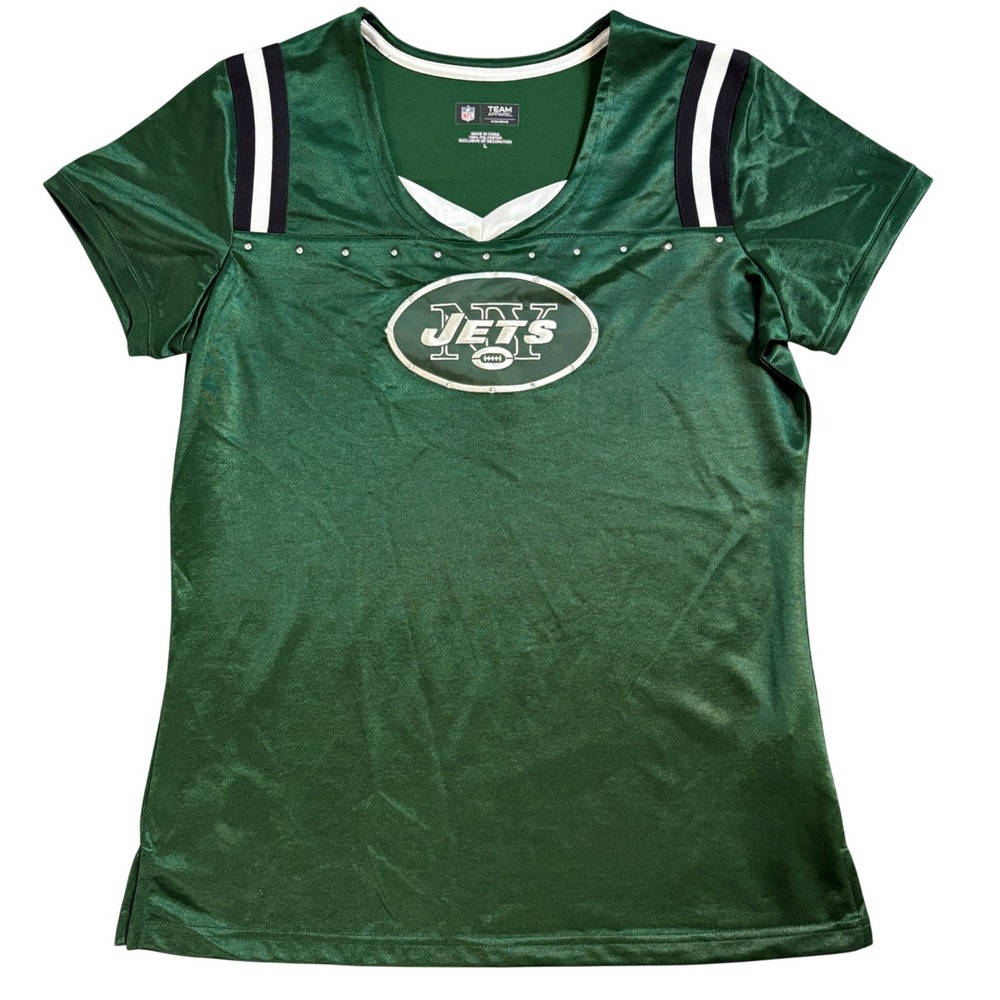 Womens NFL New York Jets Green Rhinestone V Neck Jersey Shirt Size L